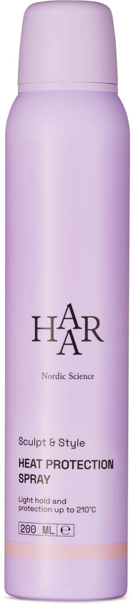 En lång, ljus lila sprayflaska med lock, märkt 'Heat Protection Spray' av H.A.H.A.R., för hår.