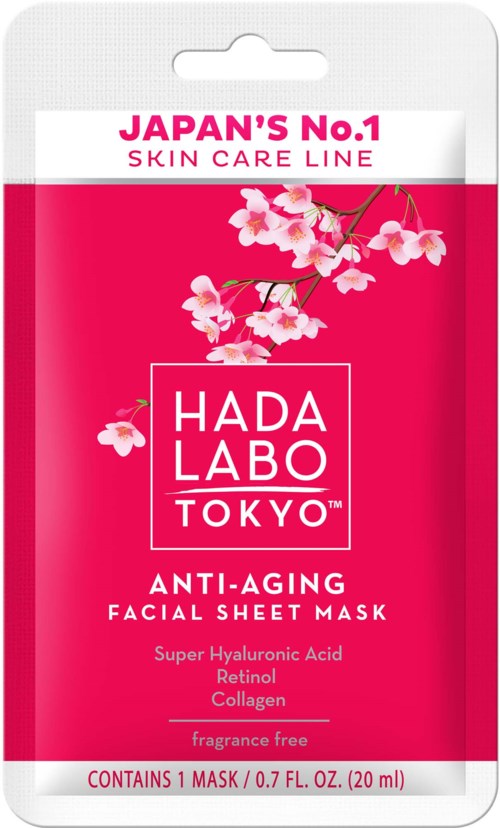 A bright pink facial mask packaging featuring cherry blossoms and text about anti-aging skincare from Japan.
