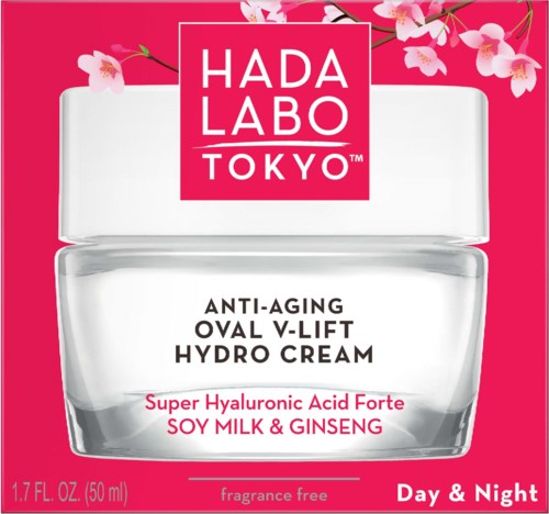 Hada Labo Tokyo anti-aging cream with hyaluronic acid, soy milk, and ginseng in a small jar. Bright pink packaging.