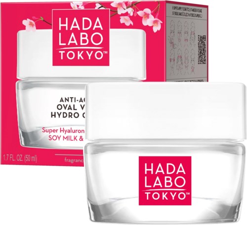 A jar of Hada Labo Tokyo anti-aging cream with a pink box in the background.