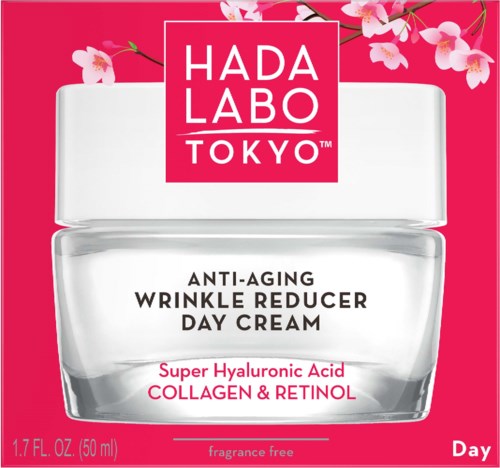 A jar of anti-aging day cream with cherry blossoms background, pink and white colors, and HADA LABO TOKYO label.