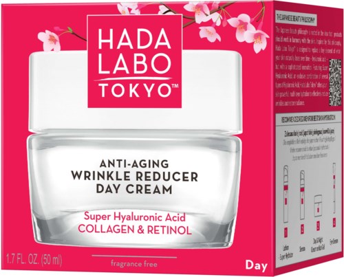 Pink and white packaging with a jar labeled Hada Labo Tokyo Anti-Aging Wrinkle Reduce Day Cream, mentioning hyaluronic acid, collagen, and retinol.