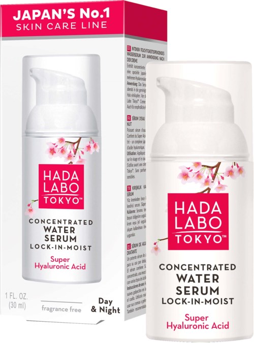 A white bottle and box with pink and white labels for Hada Labo Tokyo water serum, with cherry blossom designs.