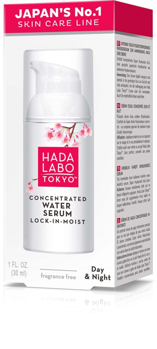 A skincare product in a white bottle with pink label, focusing on water serum for day and night use.