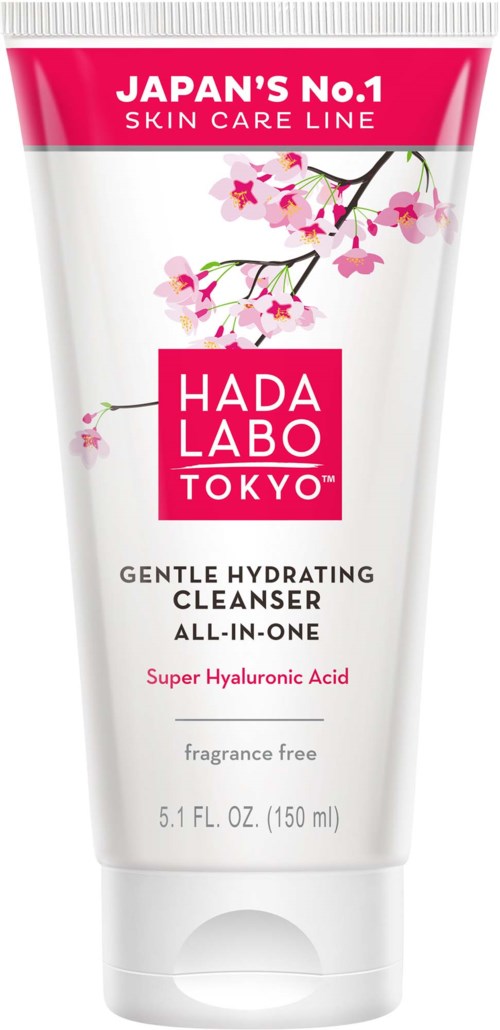Tube of gentle hydrating cleanser with cherry blossom design, labeled as super hyaluronic acid, fragrance free, 150 ml.
