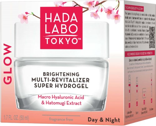 A skincare gel with cherry blossoms on the packaging, containing hyaluronic acid and plant extract, for brightening and moisturizing.