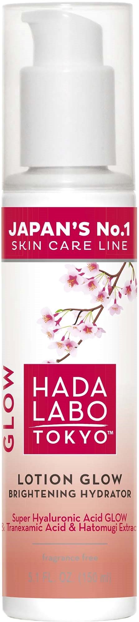 A white bottle with a pump contains glow lotion from Hada Labo Tokyo, with cherry blossom images and pink labels.
