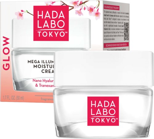 Cream jar with pink label and box behind it, featuring cherry blossom illustrations and product details.