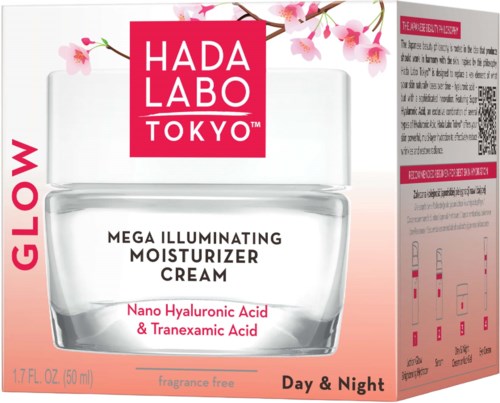 A skincare product box with pink cherry blossoms, a transparent jar of cream, and text about Hada Labo moisturizer.