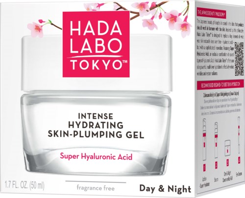 A jar of Hada Labo Tokyo Hydrating Gel surrounded by pink cherry blossom flowers.