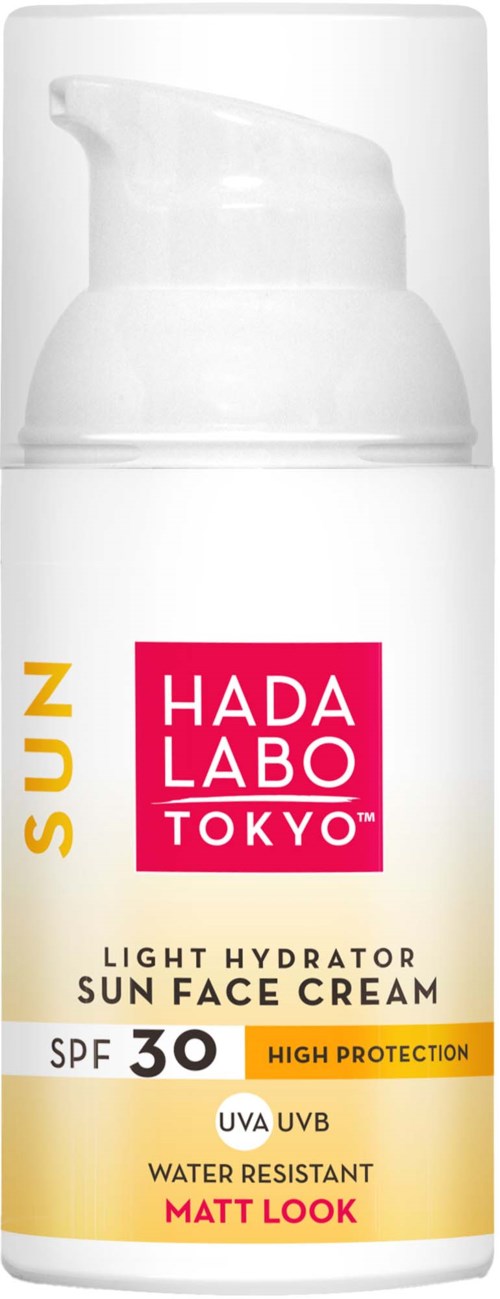 A white bottle with a pump, labeled HADA LABO TOKYO sun face cream with SPF 30, high protection, water resistant, matte look.