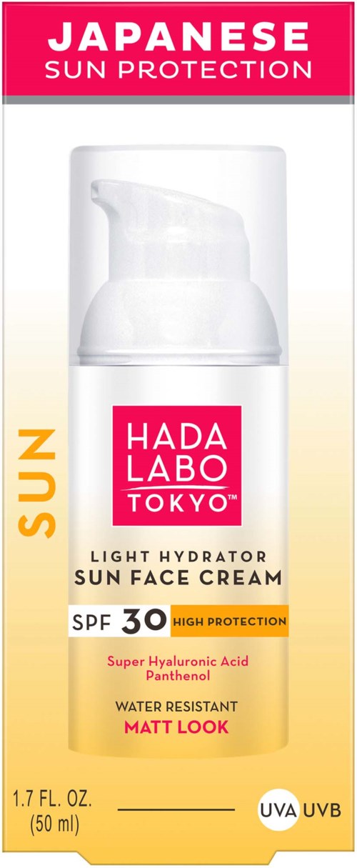 A white pump bottle with pink and yellow labels, promoting Japanese sun protection for face, SPF 30, water-resistant, and high protection.