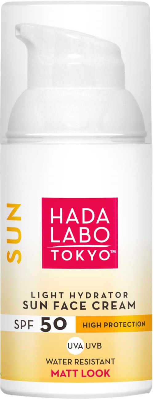 A white bottle with a pump, labeled HADA LABO TOKYO, sunscreen cream, SPF 50, water resistant, high protection.