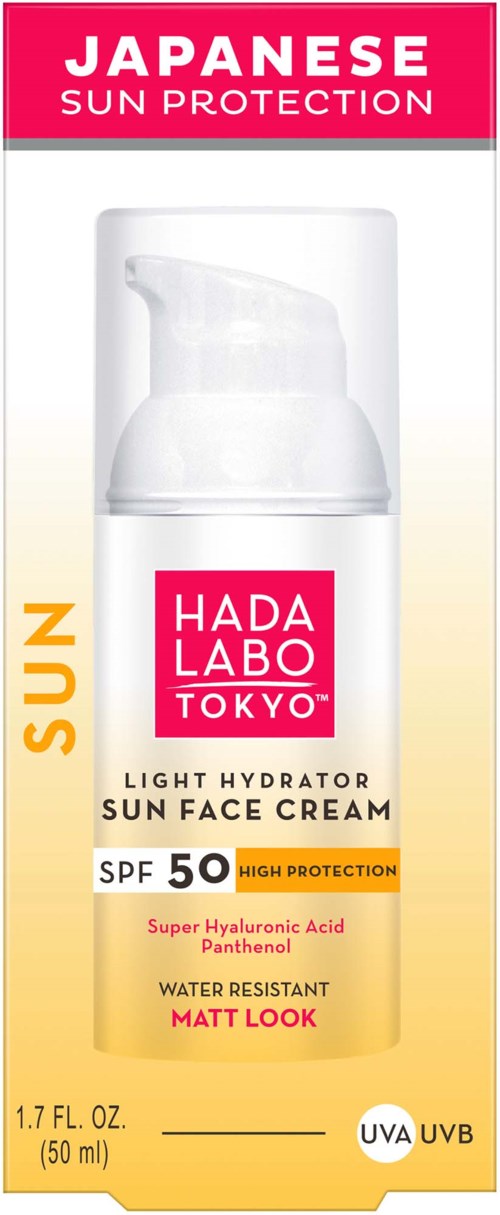A Japanese sun protection cream with SPF 50, color scheme of pink, white, and yellow, features a pump bottle.
