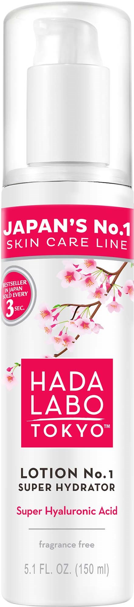 A white bottle with pink label and cherry blossom design, labeled as a hydrating lotion with hyaluronic acid from Japan.