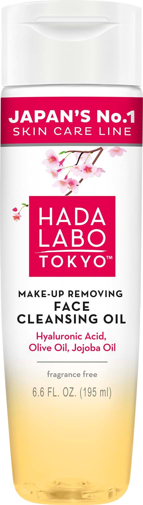 A bottle of facial cleansing oil by Hada Labo, with cherry blossoms, hyaluronic acid, olive and jojoba oil, fragrance-free.