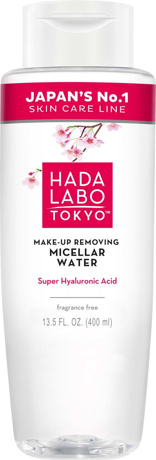 A white bottle with pink and red labels, containing micellar water for makeup removal with super hyaluronic acid.