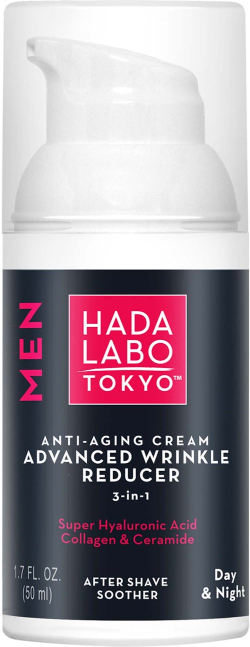 Hada Labo Tokyo anti-aging cream with hyaluronic acid, collagen, and ceramide in a white pump bottle.