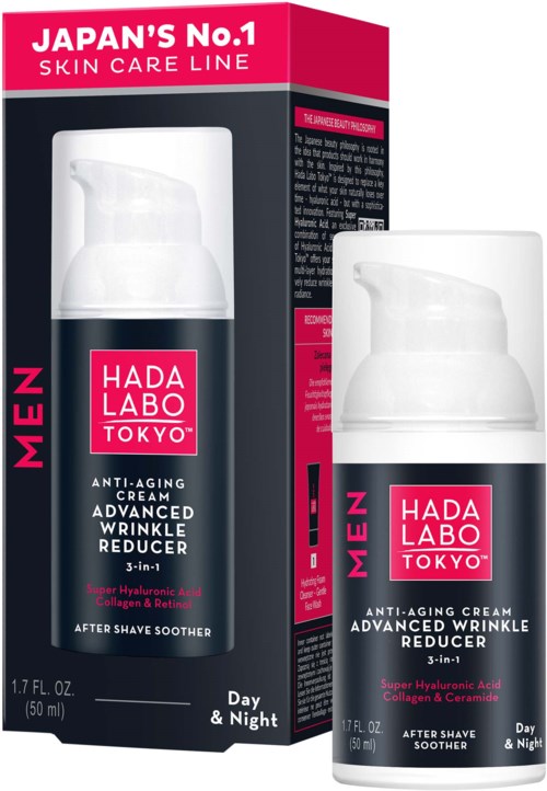 A skincare product for men, Hada Labo Tokyo, with a box and a bottle, claims anti-aging benefits, and is for day and night use.