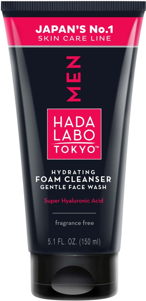 A black and pink tube labeled Hada Labo Tokyo hydrating foam cleanser for men with super hyaluronic acid.