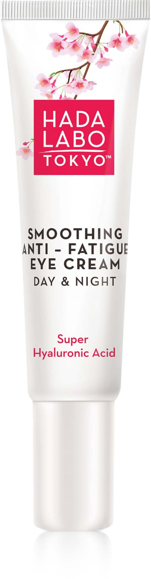 A white tube with pink cherry blossom design, labeled HADA LABO Tokyo, for anti-fatigue eye cream with hyaluronic acid.