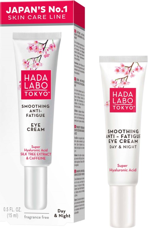 A box and tube of Hada Labo Tokyo eye cream with cherry blossom design, promoting anti-fatigue and hydration.