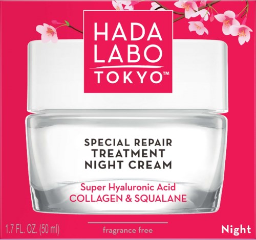 A night cream jar with pink and white packaging, labeled HADA LABO TOKYO, featuring cherry blossoms and product details.