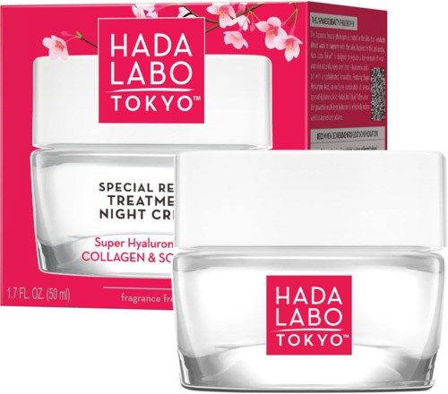 A skincare jar and box with pink cherry blossoms, labeled HADA LABO TOKYO, for night cream with hyaluronic acid.