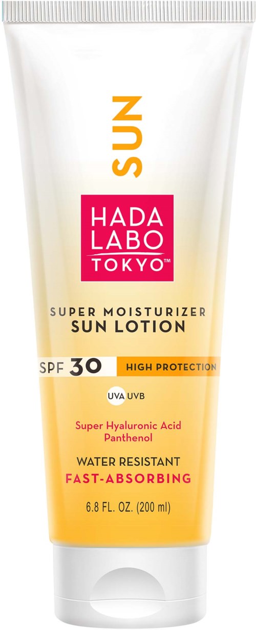 Hada Labo Tokyo sun lotion with SPF 30, moisturizing, water resistant, absorbs quickly, protects skin from UV rays.