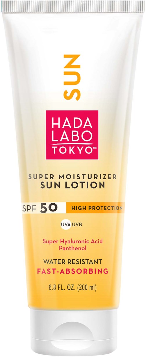 A white tube of Hada Labo Tokyo sun lotion with SPF 50, high protection, and water resistance, featuring orange and pink accents.
