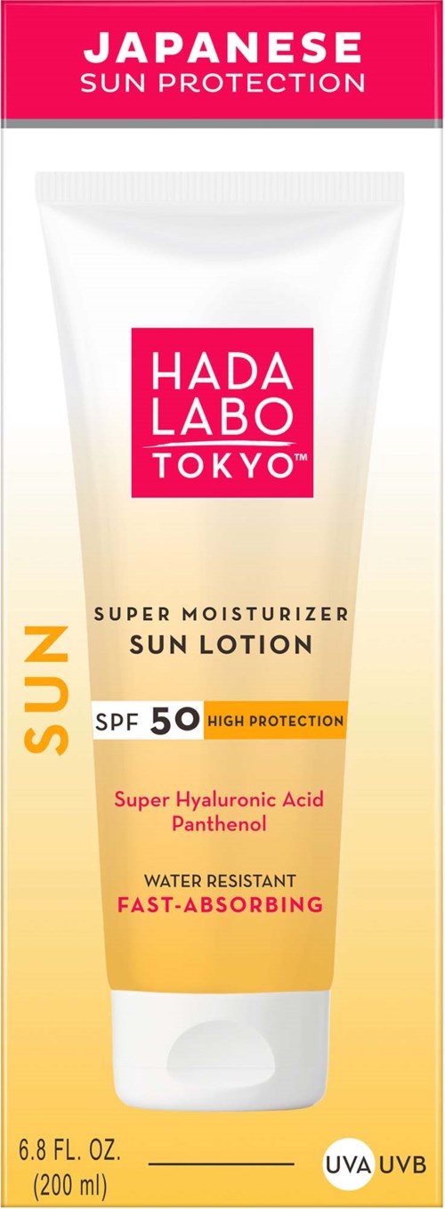 A tube of sun lotion with SPF 50, labeled Japanese sun protection, showing water resistance and high protection features.