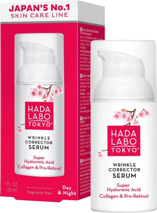 A white bottle and pink box display Hada Labo Tokyo Wrinkle Corrector Serum with cherry blossom illustrations.