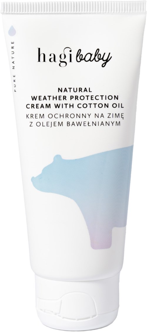 A white tube with blue and purple bear face, labeled 'hagi baby' and describes weather protection cream with cotton oil.