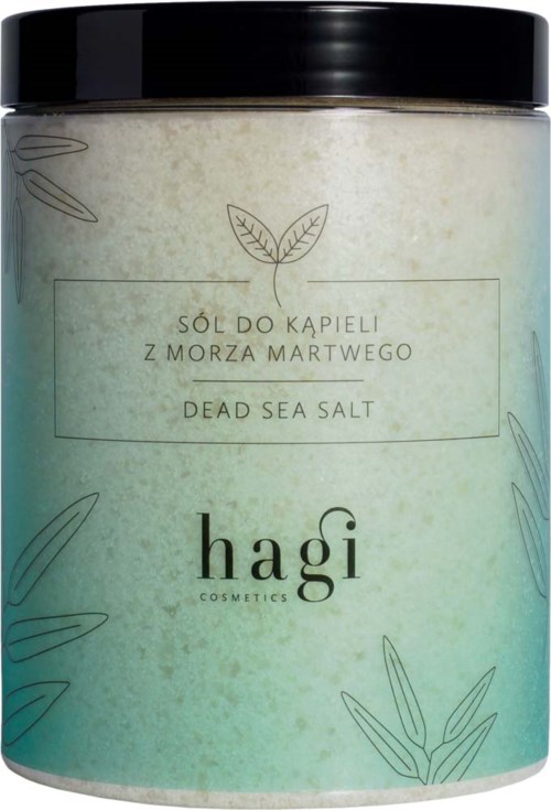 En rund behållare med svart lock, märkt 'Dead Sea Salt' för bad från Hagi Cosmetics.