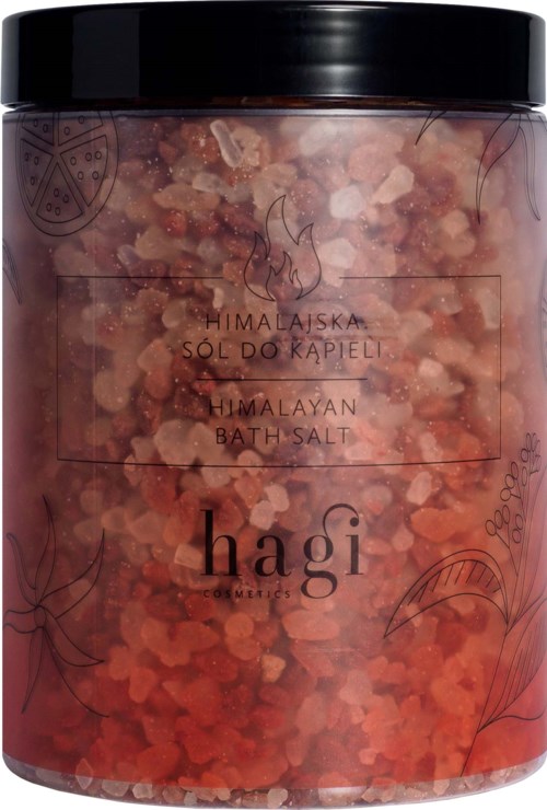 Container of Himalayan bath salt with pink and white crystals and black lid, decorated with simple floral illustrations.
