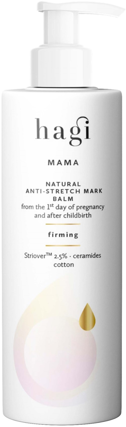 En hvit flaske med pumpe, merket 'hagi MAMA Natural Anti-Stretch Mark Balm', med en liten dråpe-symbol nederst.
