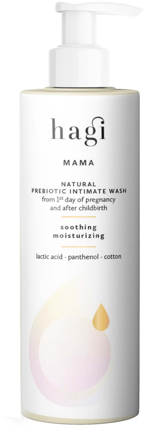 En hvit flaske med pumpe inneholder Hagi Mama naturlig probiotic intimvask, som er mild og fuktighetsgivende.