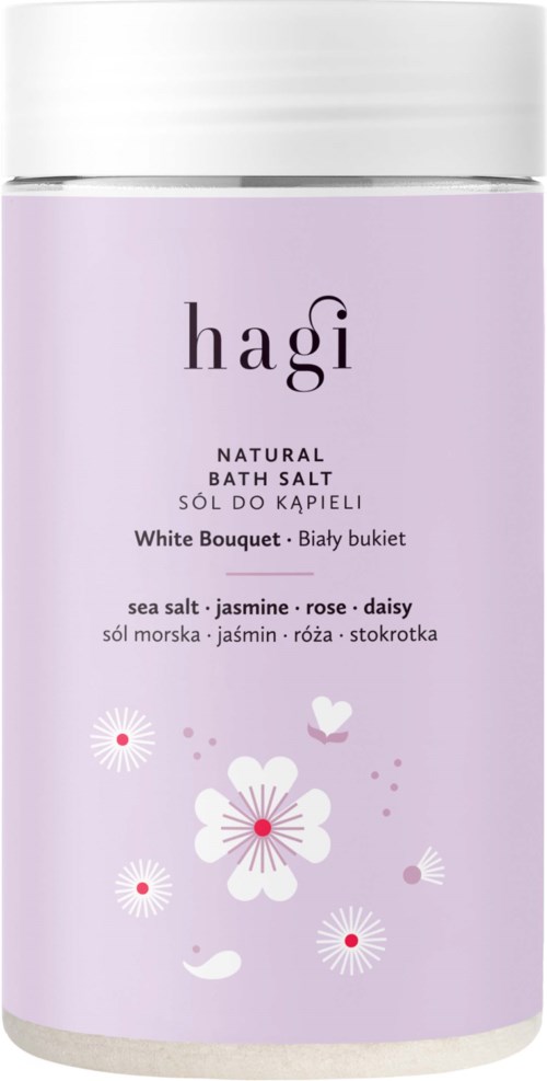A tall, white container with a lavender label featuring flowers and the brand name "hagi."