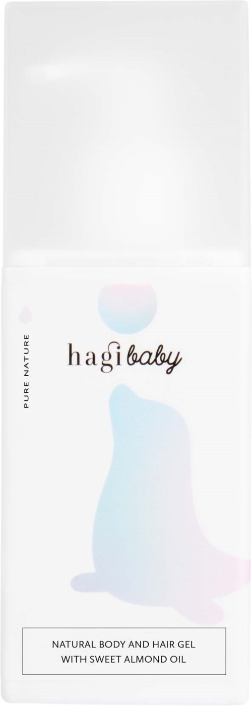 A white box with a logo of a pastel-colored animal and text about natural body gel with almond oil.