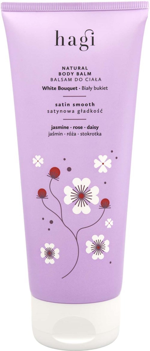 Lavender-colored tube with floral design and text about body balm and jasmine scent.