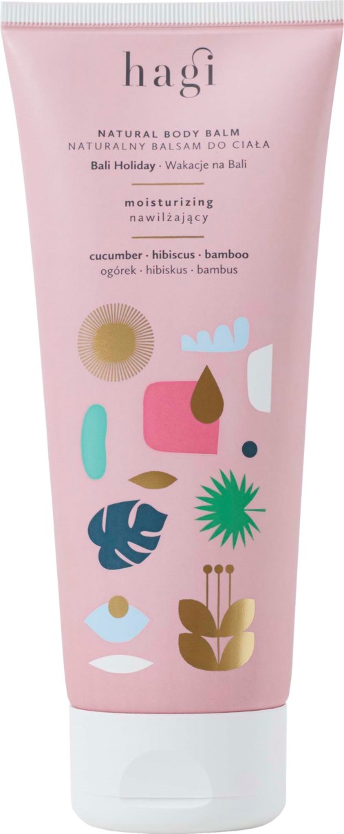 En rosa tube med kroppsbalsam med fargerike abstrakte former, inneholder naturlige ingredienser som agurk, hibiskus og bambus.
