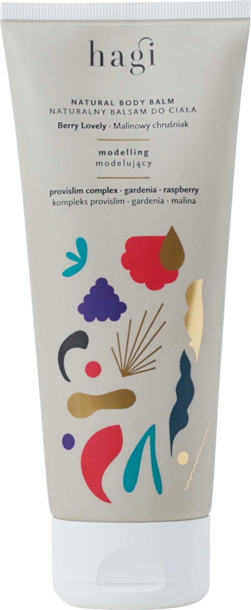 A white tube of body balm with colorful abstract shapes and text highlighting natural ingredients and berry scent.