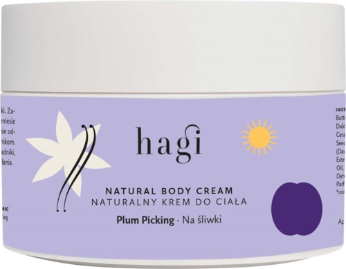 A jar of body cream with purple label, butterfly, sun, and plum images, and text in multiple languages.