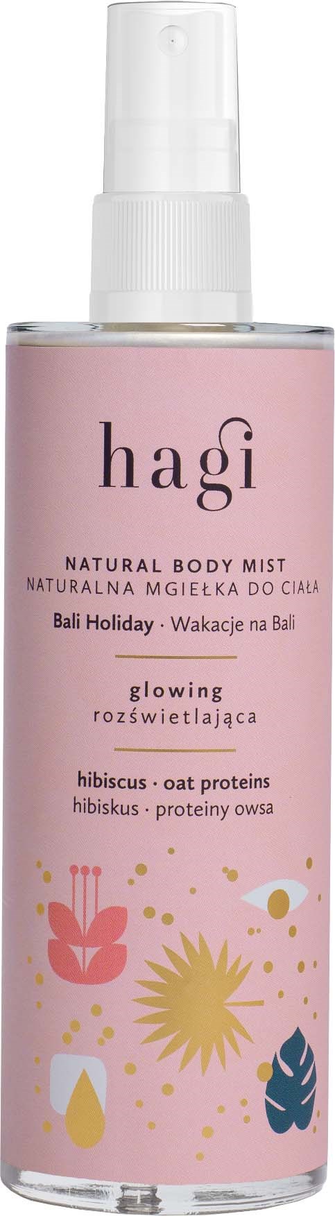 A pink spray bottle labeled "hagi" with natural ingredients and colorful abstract designs.