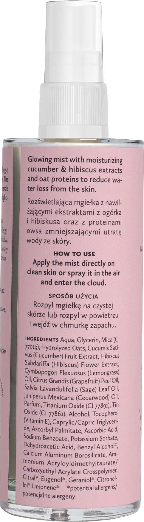 A spray bottle with a pink label that describes a moisturizing mist with cucumber and hibiscus extracts.