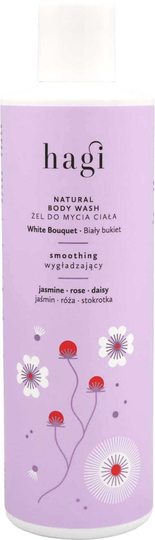 Pink and white bottle labeled 'hagi' with flowers, describing a soothing body wash with jasmine, rose, and daisy.