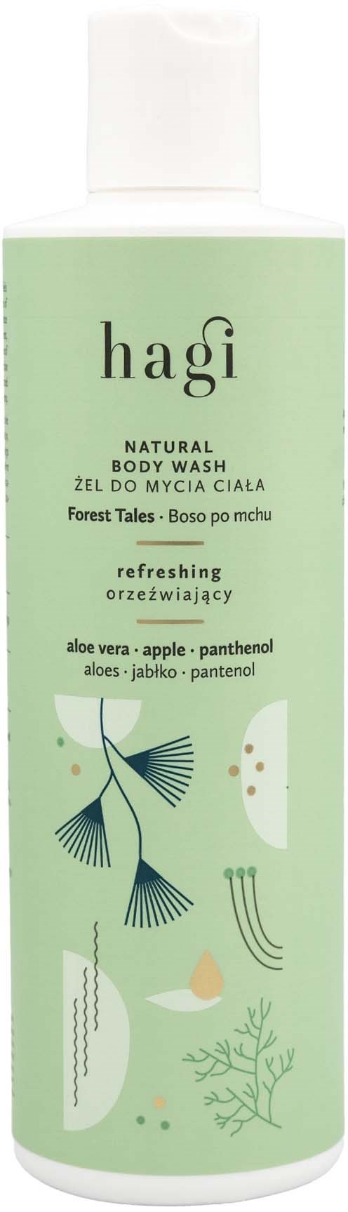 A green bottle of Hagi natural body wash with illustrations of leaves and plants, labeled as refreshing with aloe vera, apple, and panthenol.