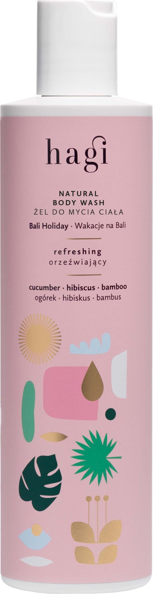 A pink bottle of Hagi natural body wash with a flip cap, labeled as refreshing with cucumber, hibiscus, and bamboo ingredients.