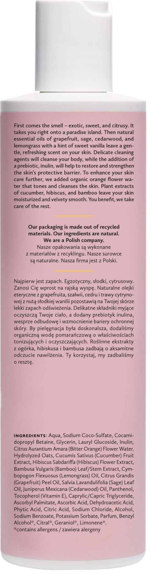 A tall, pink bottle with a white cap, featuring text about its ingredients and usage.