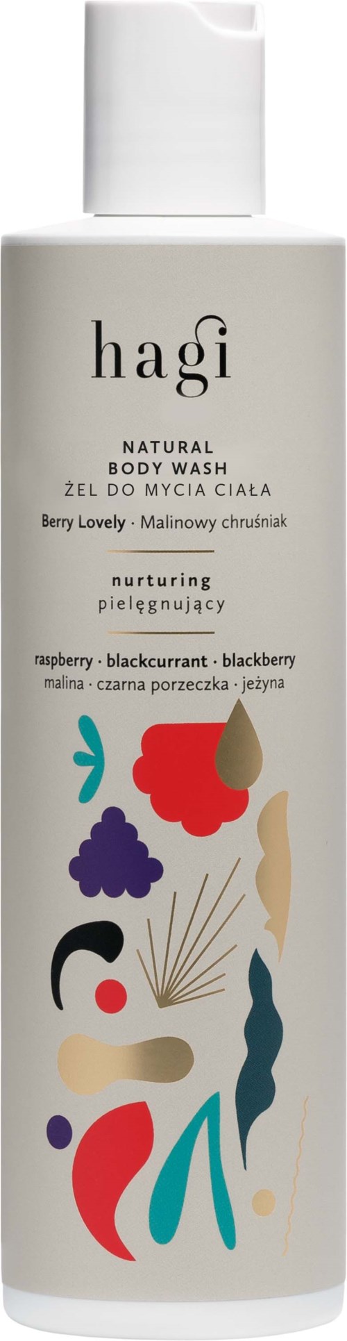 A white bottle labeled 'hagi' natural body wash with abstract colorful shapes on it.